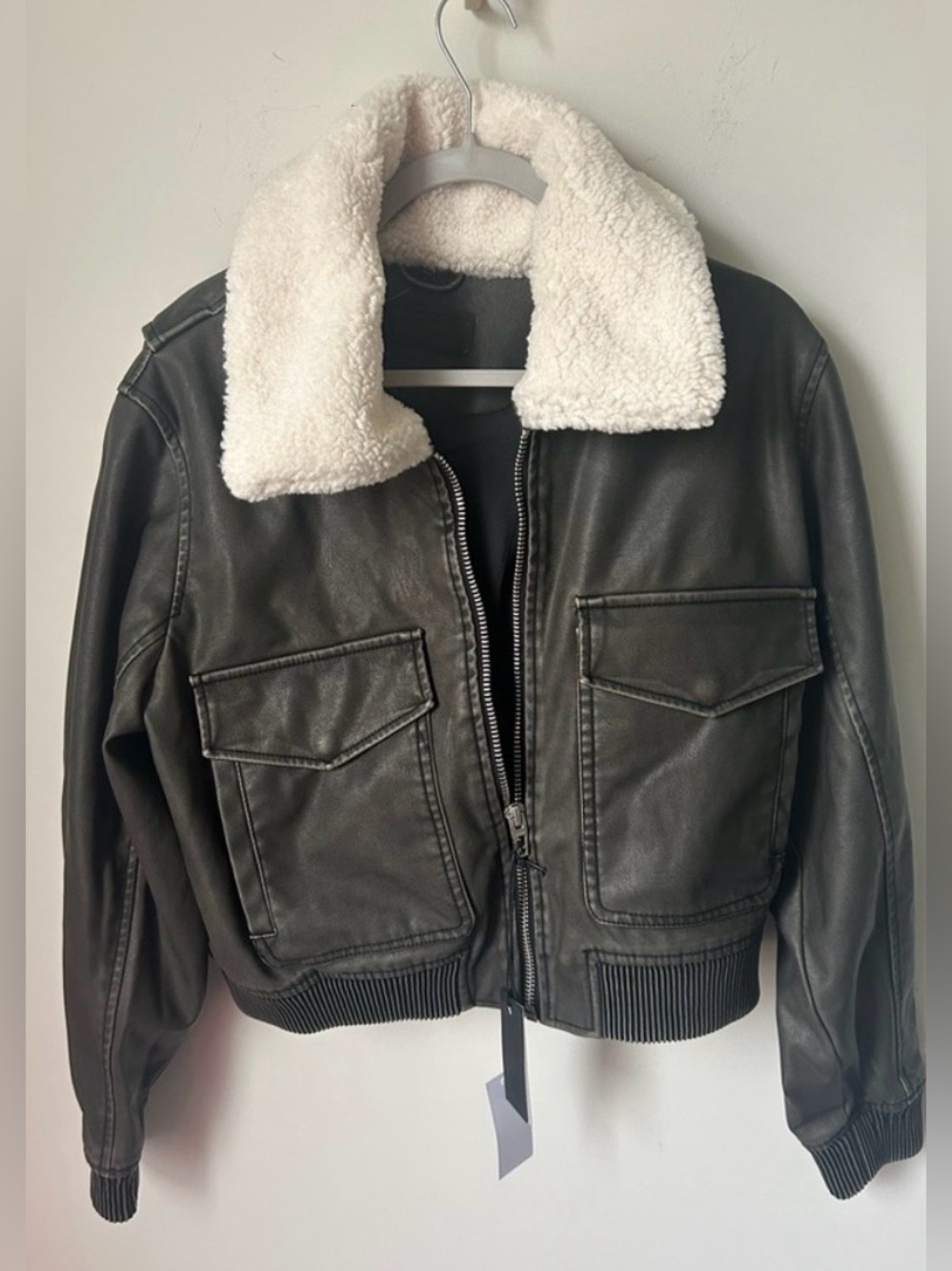 Blank NYC Black leather Bomber Jacket with Cream Shearling Collar